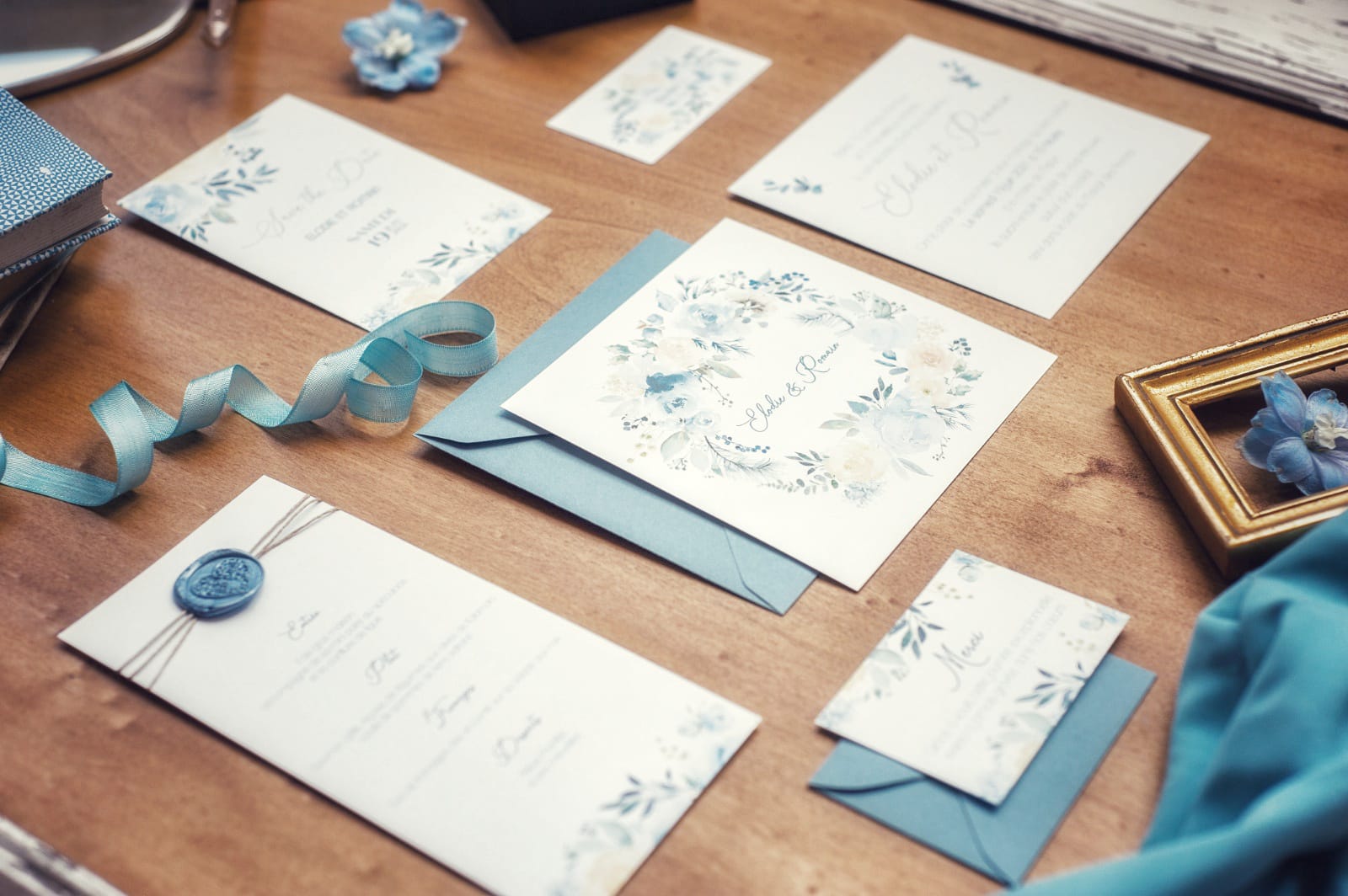Mariage blue romantique papeterie